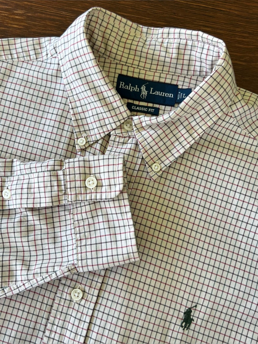 Ralph Lauren Button Down Shirt Grid Check Plaid Logo Cream Burgundy Green Large